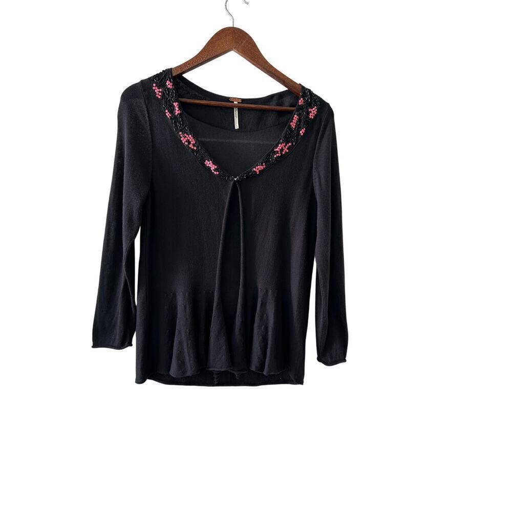 Free People Embellished Cardigan Black Beads Sequins Size S Boho Y2K Style